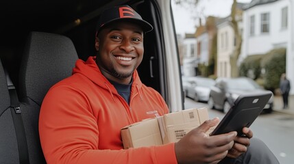 A happy delivery driver using a tablet while holding packages in a van.