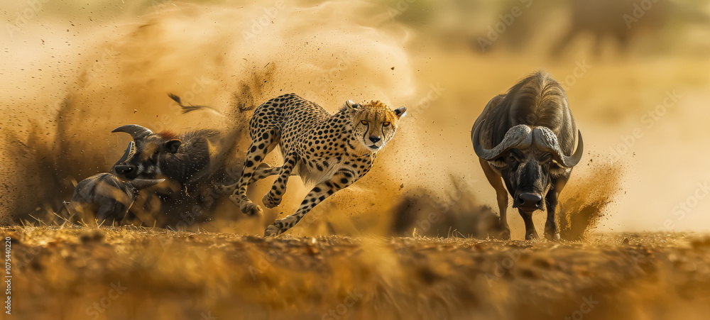 Poster cheetah is running after a buffalo in the wild. the scene is intense and action-packed, with the che
