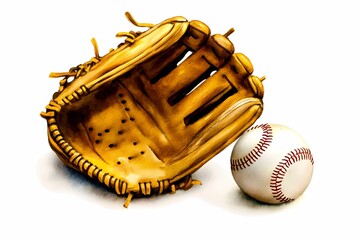 Detailed Illustration of a Vintage Baseball Glove Resting Beside a White Baseball on a Clean White Background, Perfect for Sports and Hobby Themes