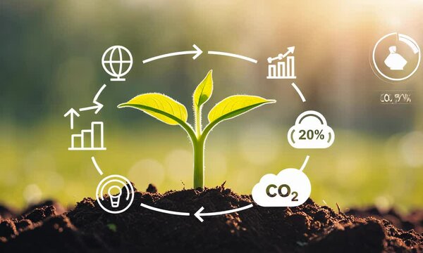green seedling emerging from rich soil, surrounded by circular eco-themed icons symbolizing growth, sustainability, energy, carbon dioxide reduction, and environmental impact