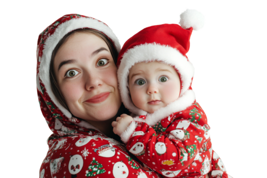 Mom and baby sharing smiles in matching holiday sweaters and hats, feeling the love of their Christmas together isolated on transparent png background.