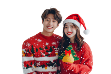 Festive portrait of joyful Asian couple in matching Christmas sweaters and Santa hats for celebration isolated on transparent png background.
