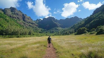 Fototapeta premium A Solo Hiker Walking on a Path Through a Grassy Valley Surrounded by Lush Mountains