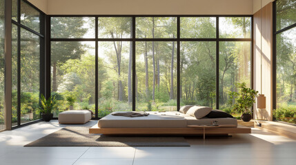 Fototapeta premium Modern bedroom with sleek furniture and large windows