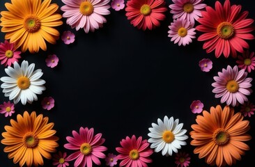 lots of colorful daisies on a black background around with free space for text, empty in the cent, top view