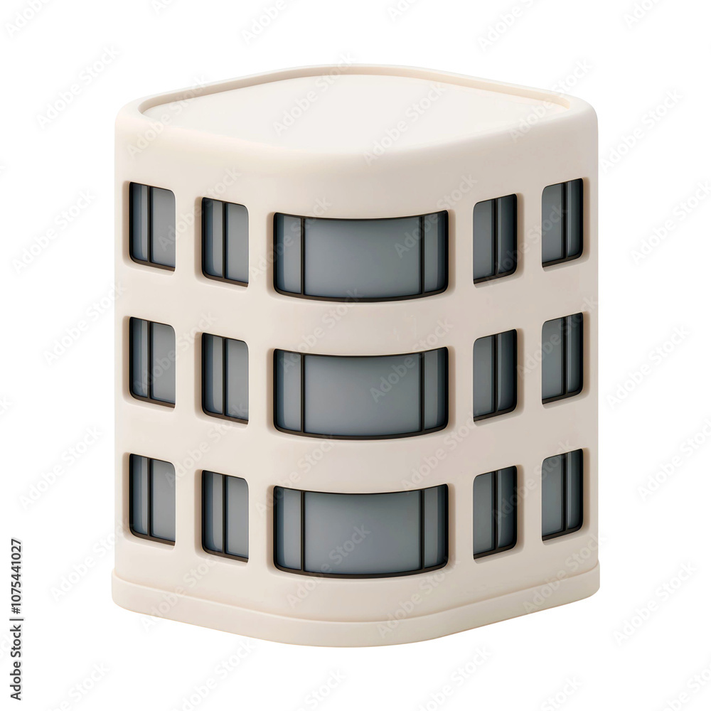 Poster minimalist 3d illustration of a modern building design featuring smooth curves and rectangular windo