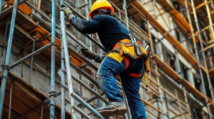 Construction worker climbing scaffolding at a building site during the day.