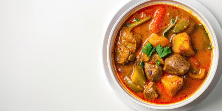 Maafe on a white background, West African peanut stew, Creamy and savory dish with vegetables and meat, Clean and minimalist presentation, copy space