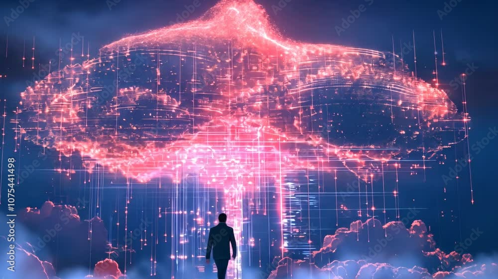 Poster cloud technology: the real path to success. featuring digital neon style, bokeh, layered mesh, shape