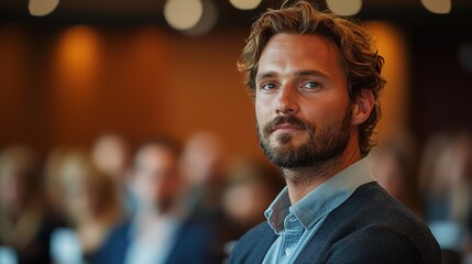 Fototapeta premium A Man With Curly Hair and a Beard Listens Intently During a Conference in a Well-Lit Meeting Room Filled With Engaged Attendees in the Background