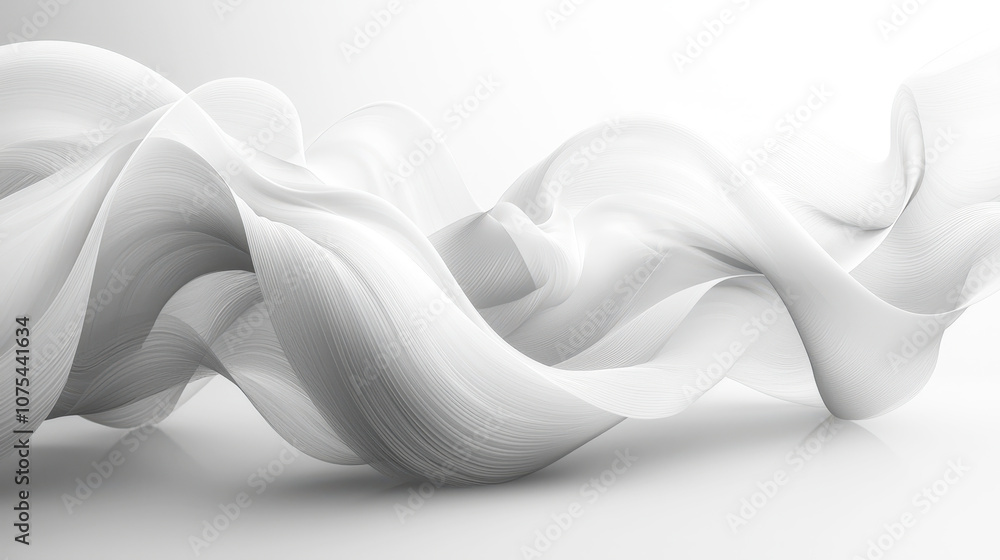 Poster A delicate white fabric flows softly, creating an elegant abstract shape against a smooth white surface, evoking tranquility and motion