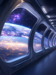 Naklejka premium A breathtaking view of Earth and the cosmos from a spacecraft window, showcasing the beauty of space