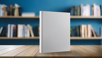 Blank book cover mockup template standing on wooden surface against blue blurred background with bookshelf