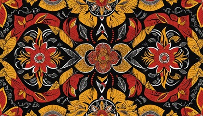 Vibrant Floral Pattern with Circular Borneo Motifs Generative AI