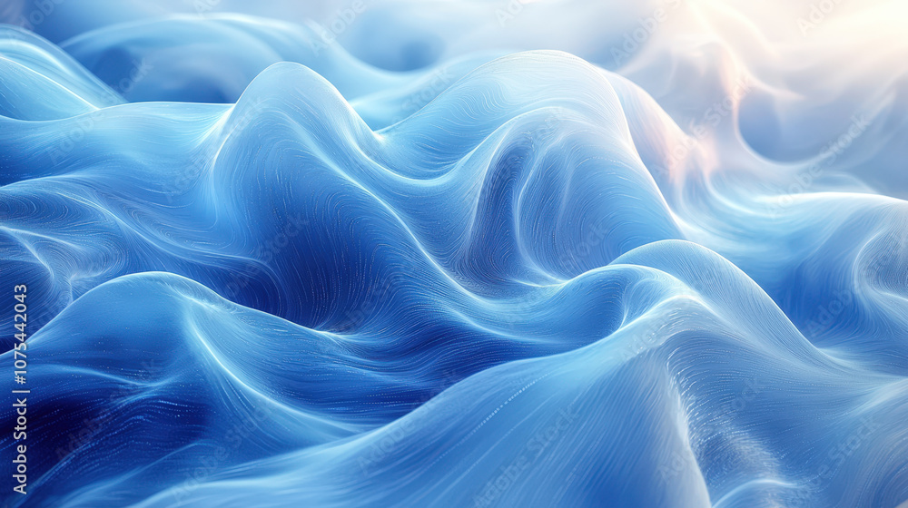 Poster a tranquil display of blue fabric waves flowing together gracefully, illuminated by soft sunlight