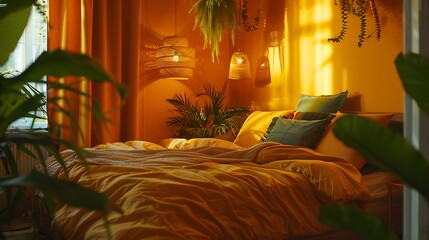 Beautiful Colored Mockup Bedroom Interior Blank Poster Decoration Art Background Image, generative AI