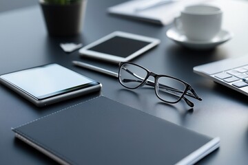 Modern Minimalist Workspace: A Clean and Organized Desk with Technology, Glasses, and a Notebook