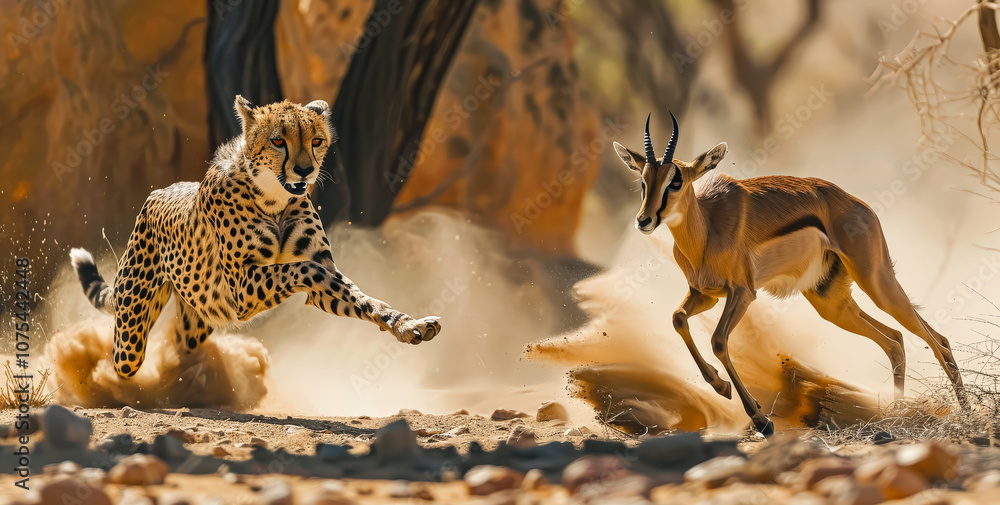 Poster two cheetahs are running through a sandy desert, one of them is chasing a gazelle. the scene is inte