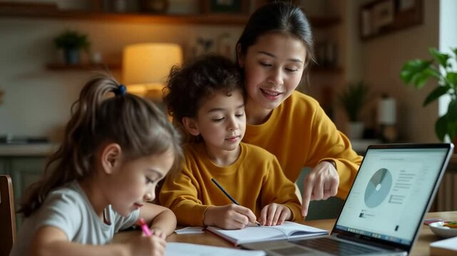Mother helps children with homework at home in cozy kitchen setting during afternoon study session