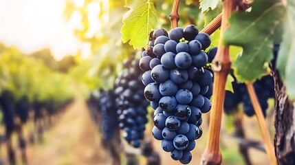 Naklejka premium Close-up of a Bunch of Ripe Purple Grapes Hanging from a Vine in a Vineyard