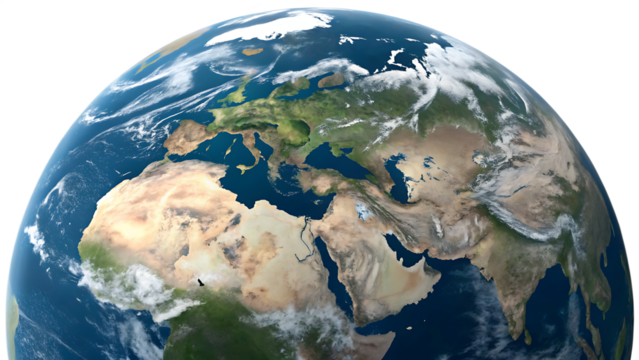A detailed image of the Earth, displaying continents, oceans, clouds, and the atmosphere in a 3D sphere isolated on tranparent background.
