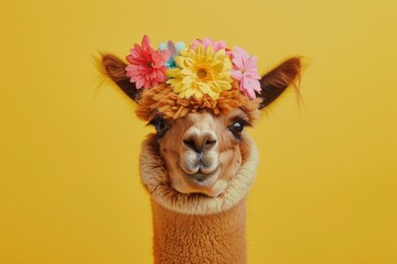 Colorful llama with flower crown on vibrant yellow background