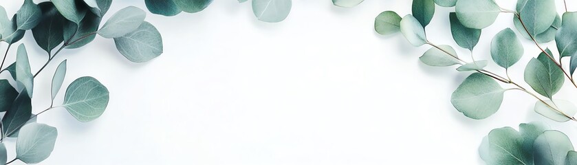 Border of eucalyptus leaves in soft greens, watercolor style, isolated on a white background