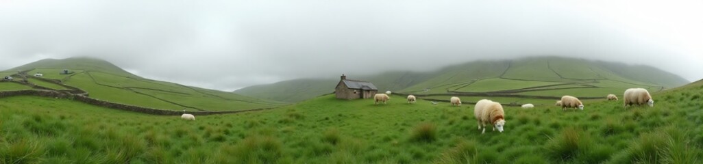 Obraz premium 360 degree photo, Highlands with Rolling Fog with sheep and grass