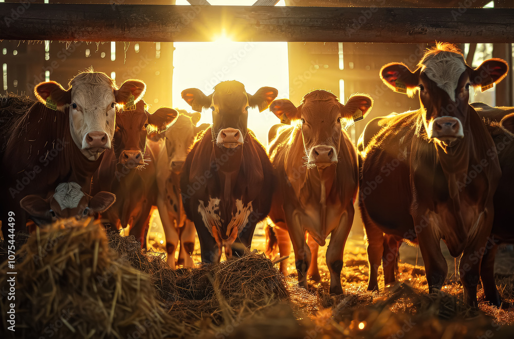 Poster group of cows are standing in a field with the sun shining on them. the cows are all facing the came