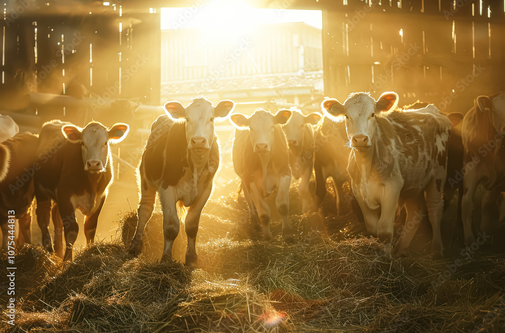 Poster group of cows are standing in a field with the sun shining on them. the cows are all facing the came