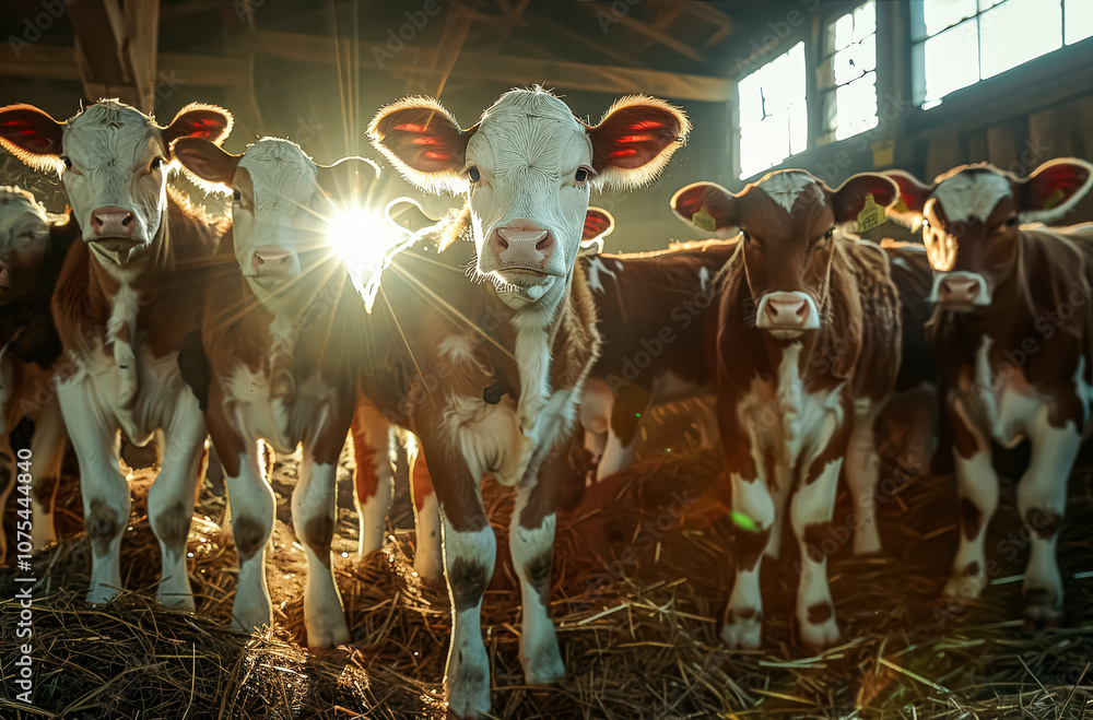 Poster group of cows are standing in a field with the sun shining on them. the cows are all facing the came