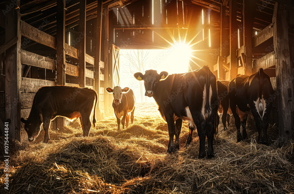 Poster group of cows are standing in a field with the sun shining on them. the cows are all facing the came