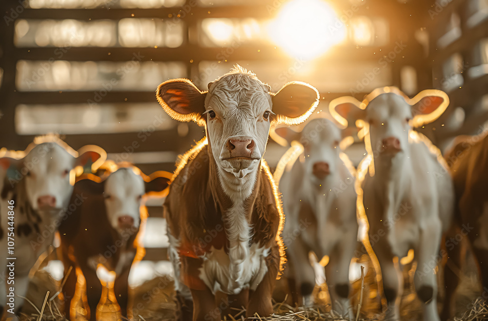 Poster group of cows are standing in a field with the sun shining on them. the cows are all facing the came
