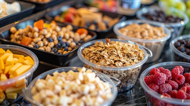 Plastic containers filled with fresh breakfast options, fruits, cereals, granola, nuts, and berries. Perfect for catered events or hotel breakfasts