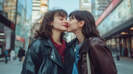 Fototapeta premium portrait of two young women walking and kissing together in city