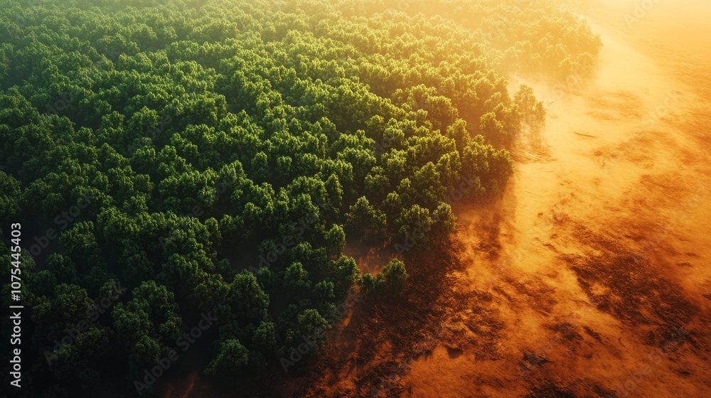Poster aerial view of a dense forest bordering a dusty path