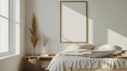 Beautiful Colored Mockup Bedroom Interior Blank Poster Decoration Art Background Image, generative AI