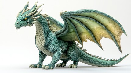 Obraz premium Green dragon with fierce expression, large wings, and scales, standing proudly, detailed fantasy art isolated on white