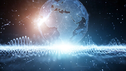 Shining digital technology earth planet sphere with glowing wavy lines and dots illustration.	
