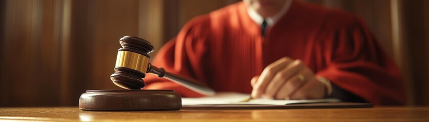 Judge in court signing a document, focus on a gavel on the desk, formal setting