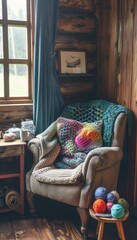 Cozy Knitting Nook with Comfortable Chair and Colorful Yarn Basket for Relaxation and Creativity