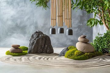 Zen Garden with Hanging Chimes, Stacked Stones, Moss, and Sand Ripples
