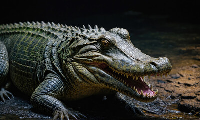 Obraz premium A large alligator rests near the water's edge, its jaws slightly open and its eyes staring intently at the camera