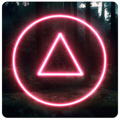 Naklejka premium A pink neon triangle in the center, surrounded by a glowing circle, against a dark forest background