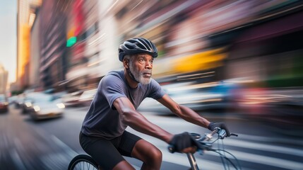 Active African American Senior Man Cycling Through a Busy Urban Street
