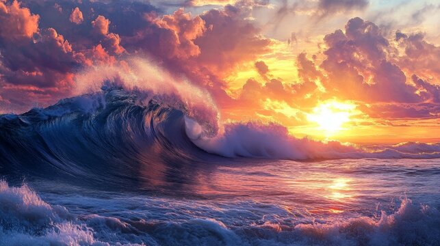 Dramatic Ocean Wave Crashing Under a Vibrant Sunset Sky