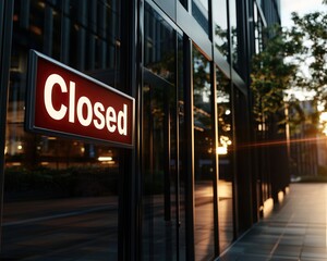 A shopfront with a "Closed" sign hanging, bathed in warm sunset light, reflecting on sleek modern architecture and surrounding greenery.