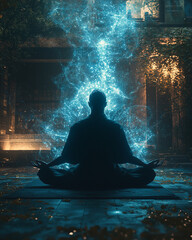 Obraz premium Silhouette of a person meditating with vibrant, ethereal energy aura in a tranquil indoor setting