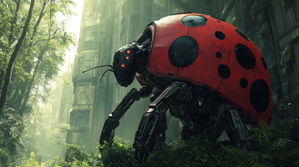 A giant robotic ladybug exploring an overgrown, futuristic cityscape surrounded by lush vegetation