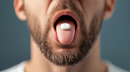 Man with Pill on Tongue - Medication and Health Concept